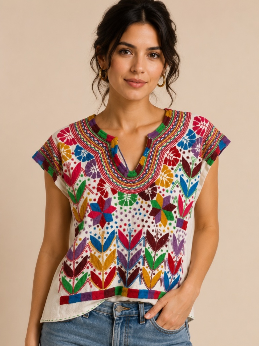 Handmade Mexican Embroidered Huipil Blouse Multicolor Boho Folk Artisan Top
